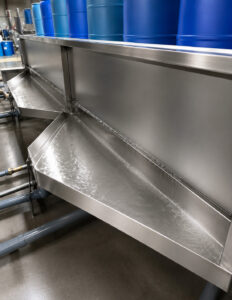 Overflow collection tank on the side of an LS Industries Poly Washer, designed to capture and manage excess wash water for efficient fluid control and recirculation.
