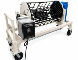 Load and unload cart for an LS Industries Thermal Cleaning System designed to simplify the movement of parts into and out of the cleaning chamber.