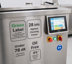 Touchscreen control interface with green status indicator label on an ultrasonic washer, providing operators with real-time system monitoring and process control.