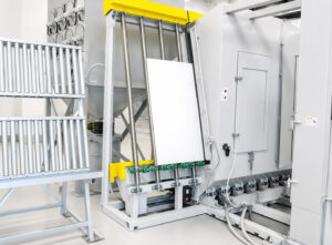 Optional vertical blasting configuration on a concrete and scaffold blaster designed to process tall or vertically oriented parts and structures.