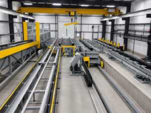 Wide view of a fully automated interior pipe blaster system with integrated handling, blasting, shot recovery, and control systems.