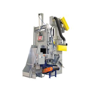 Angled view of industrial rubber belt blasters used for batch abrasive blasting of parts in a rotating rubber belt system.