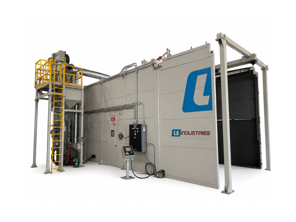 Angled view of an industrial blast room designed for abrasive blasting, surface preparation, and cleaning of large parts and assemblies.