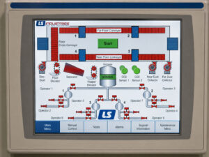 HMI control panel for a blast room system used to monitor, control, and automate blasting, media recovery, and dust collection functions.