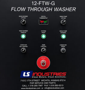 Control panel of a chain mesh belt flow-through washer featuring operator controls, system indicators, cycle settings, and monitoring functions for automated cleaning operations.