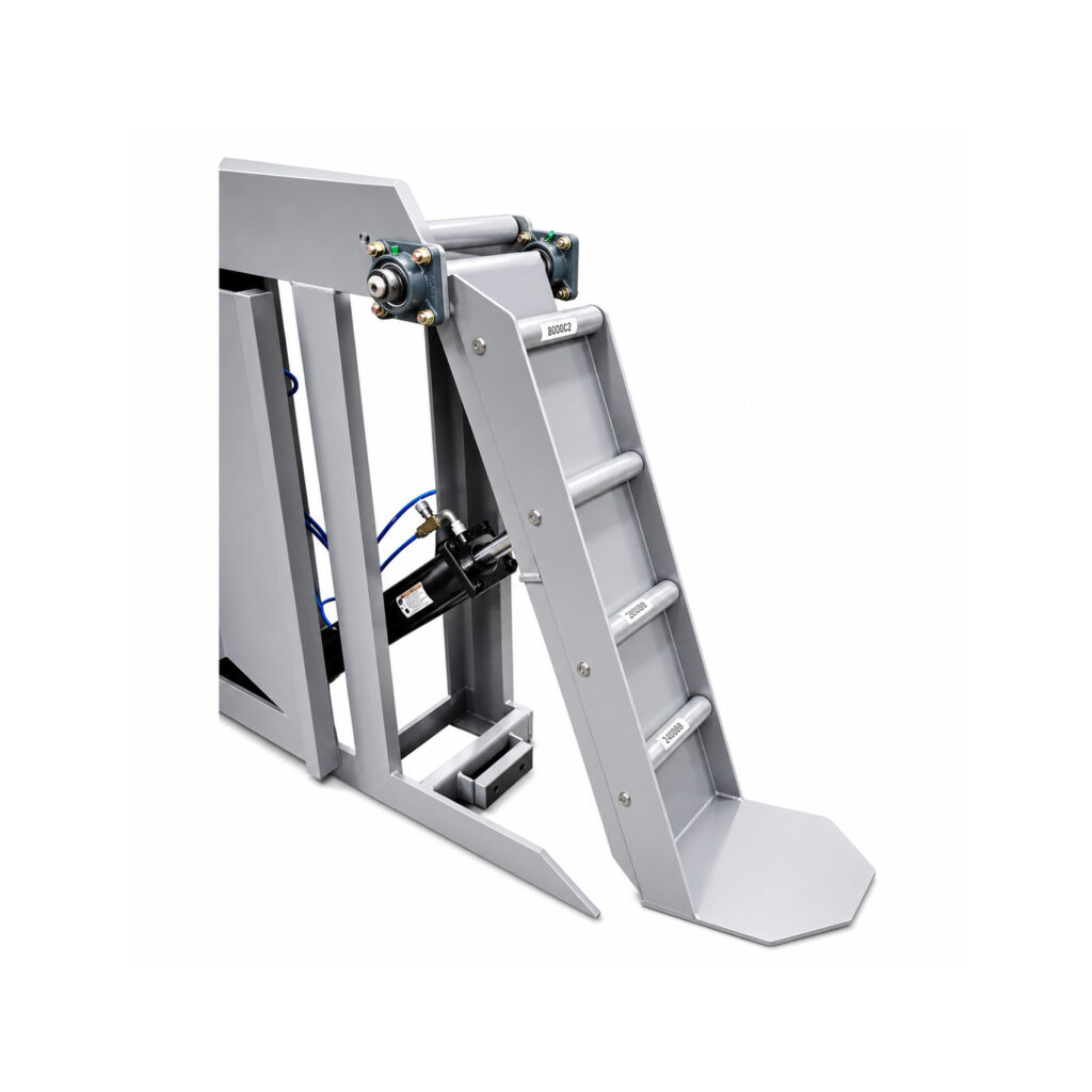Angled view of an upender/downender automation and handling system designed to safely rotate parts between horizontal and vertical positions during production processes.