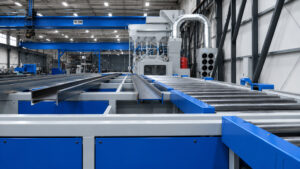 Angled view of a transfer table automation and handling system designed to move parts between production stations with precision and efficiency.
