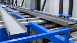 Angled view of a transfer table automation and handling system designed to move parts between production stations with precision and efficiency.