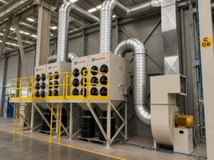 Two large dust collectors for a blast room system with optional service platforms providing safe access for maintenance and filter servicing.