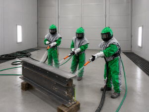 Operators inside a blast room manually abrasive blasting a large steel I-beam for surface preparation and coating readiness.