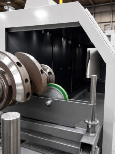 Freshly blasted crankshaft exiting a crankshaft blaster alongside an interior view of the blasting chamber where the cleaning process takes place.