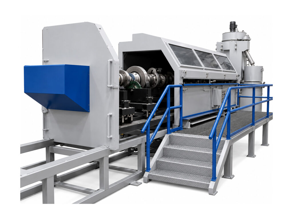 Angled view of a crankshaft blaster designed to automatically clean and prepare crankshaft surfaces using abrasive blasting technology.