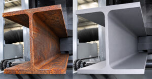 Before-and-after view of an I-beam processed through an LS Industries Structural Steel Shot Blaster, showing the removal of rust, mill scale, and surface contaminants to produce a clean, uniform steel surface.