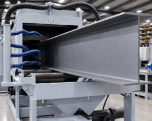 Blow-off system at the exit of an LS Industries Structural Steel Shot Blaster designed to remove residual steel shot and debris from structural components after blasting.