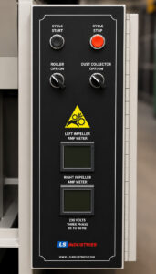 Control panel of a wheel rim blaster featuring machine controls, operating functions, and system monitoring for automated wheel and rim blasting operations.