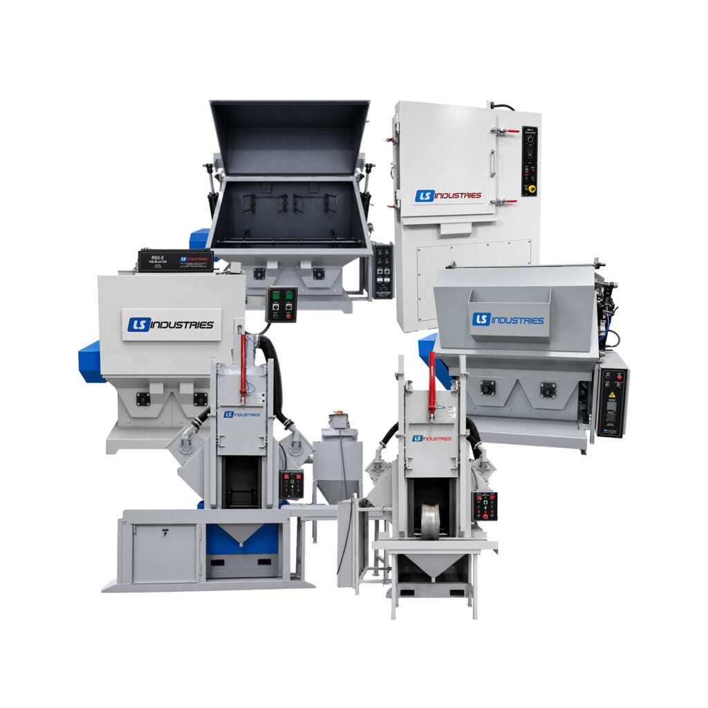 Group photo of LS Industries wheel and rim shot blasting machines, showcasing multiple styles and configurations designed for cleaning, descaling, and surface preparation of steel wheels, aluminum wheels, and industrial rims.