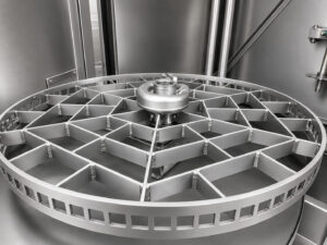 Heavy-duty door-mounted rotating table on a batch table washer designed to simplify loading and unloading of parts while providing consistent cleaning during operation.