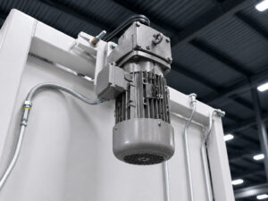 Close-up view of the impeller motor on a batch door-mounted table washer, powering the pump system that circulates cleaning solution throughout the washer.