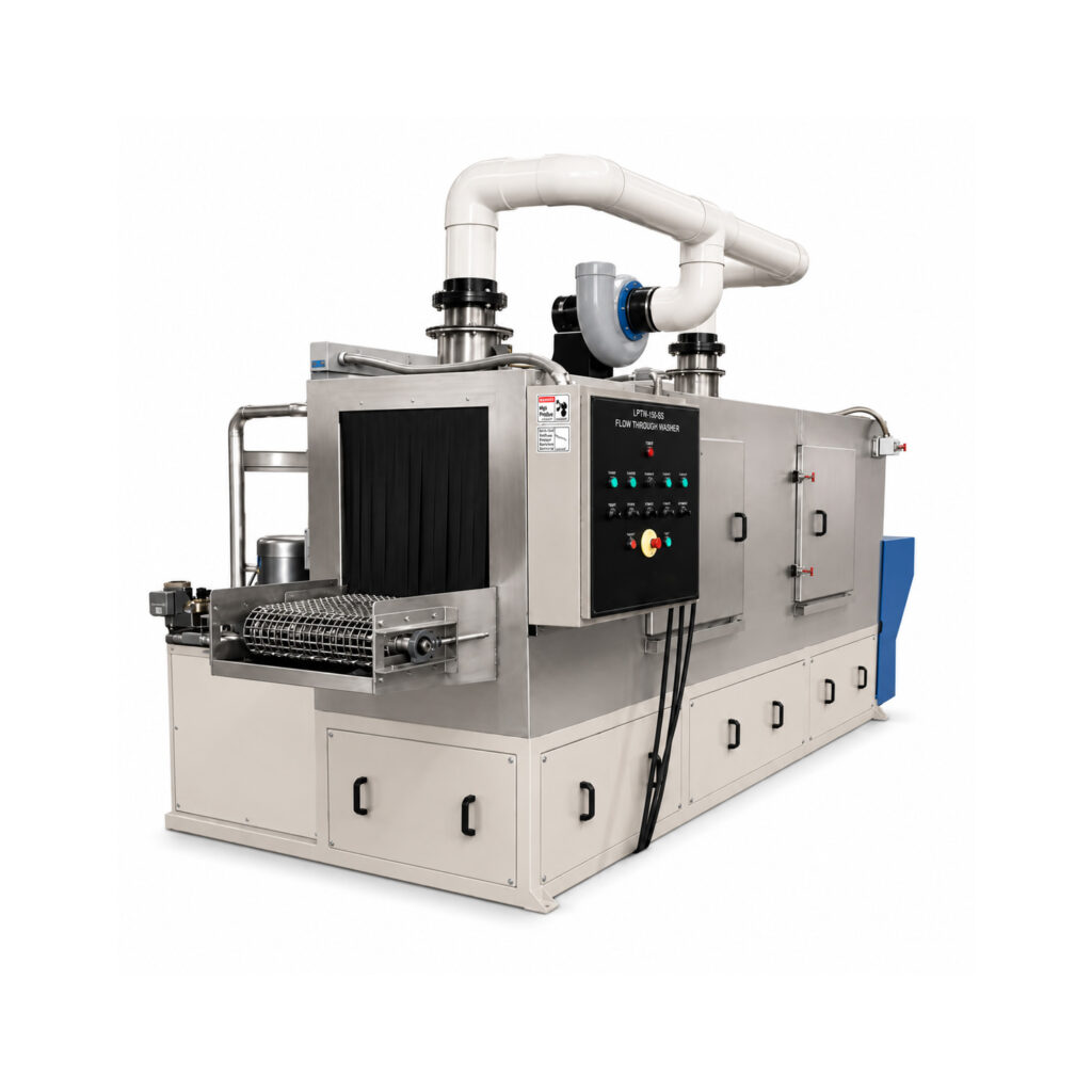 Angled view of a flow-through washer featuring a continuous conveyor system that automatically transports parts through multiple cleaning, rinsing, and drying stages.