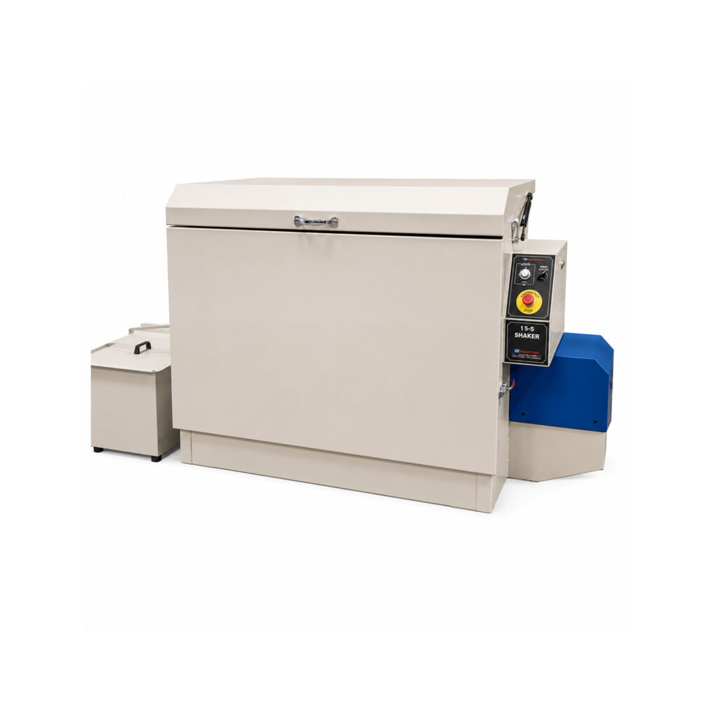 Angled view of a vibratory tub finishing system designed for deburring, polishing, cleaning, radiusing, and surface finishing of large, long, or delicate parts.