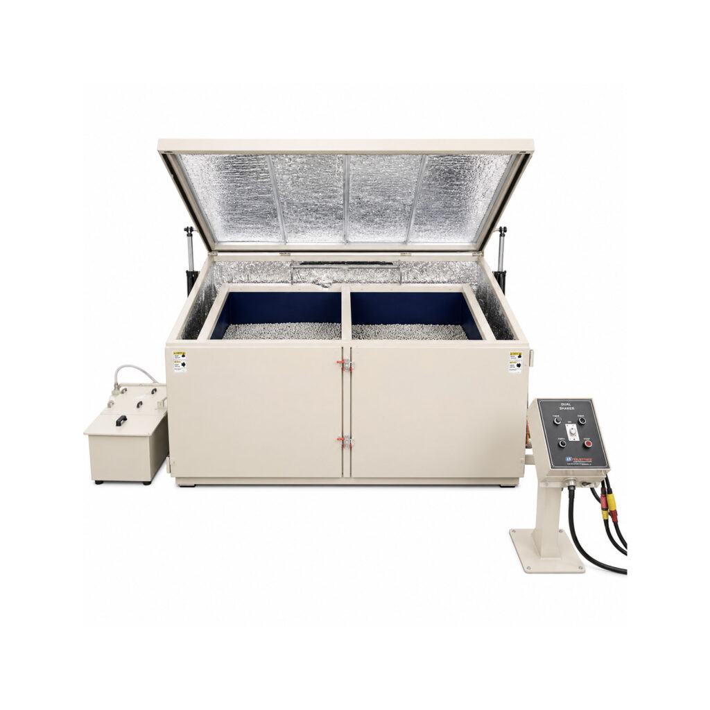 Angled view of a vibratory tub finishing system designed for deburring, polishing, cleaning, radiusing, and surface finishing of large, long, or delicate parts.