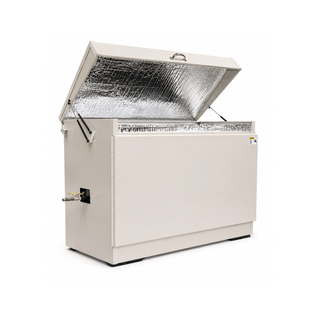 Angled view of a vibratory tub finishing system designed for deburring, polishing, cleaning, radiusing, and surface finishing of large, long, or delicate parts.