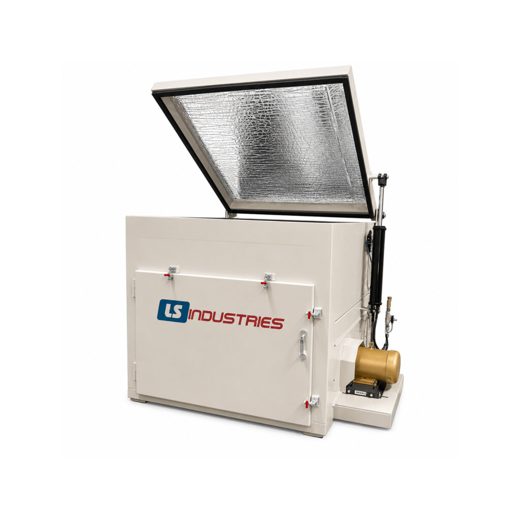 Angled view of a vibratory tub finishing system designed for deburring, polishing, cleaning, radiusing, and surface finishing of large, long, or delicate parts.