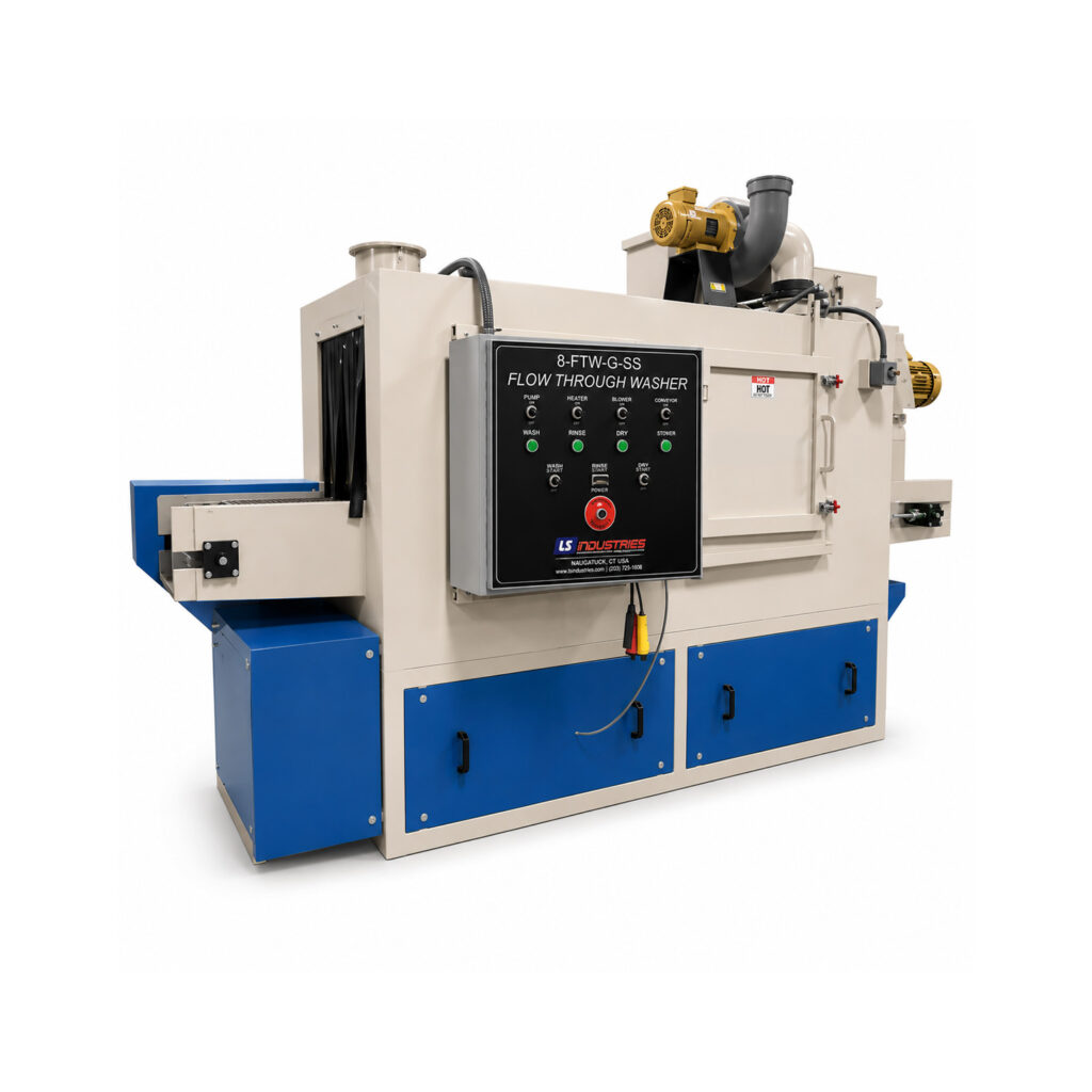 Angled view of a flow-through washer featuring a continuous conveyor system that automatically transports parts through multiple cleaning, rinsing, and drying stages.