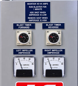 Ammeter and blast timer controls on a propane tank shot blaster used to monitor motor load and control blasting cycle duration.