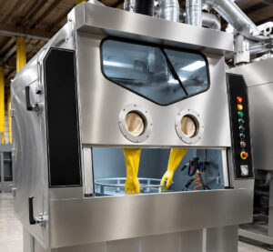 Automated vertical lift door on an industrial pressure washer providing powered opening and closing for easy loading, unloading, and safe operation.