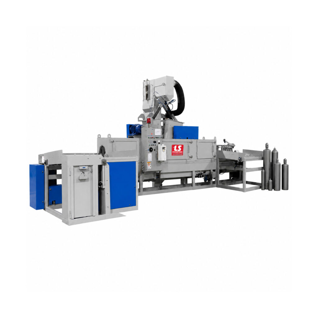 Angled view of a BFC-12 flow-through cylinder blaster used for continuous abrasive cleaning and surface preparation of cylinders.