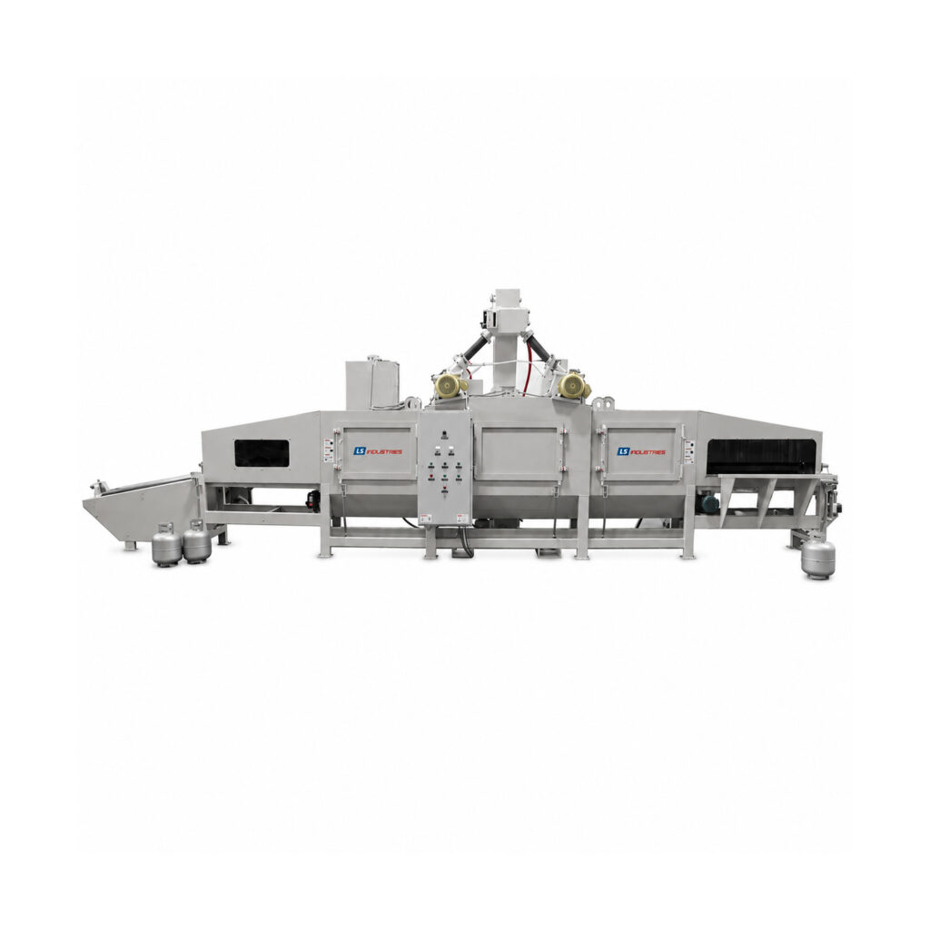Front view of a BFCLP-XL flow-through cylinder blaster used for continuous abrasive cleaning and surface preparation of large cylinders and tanks.