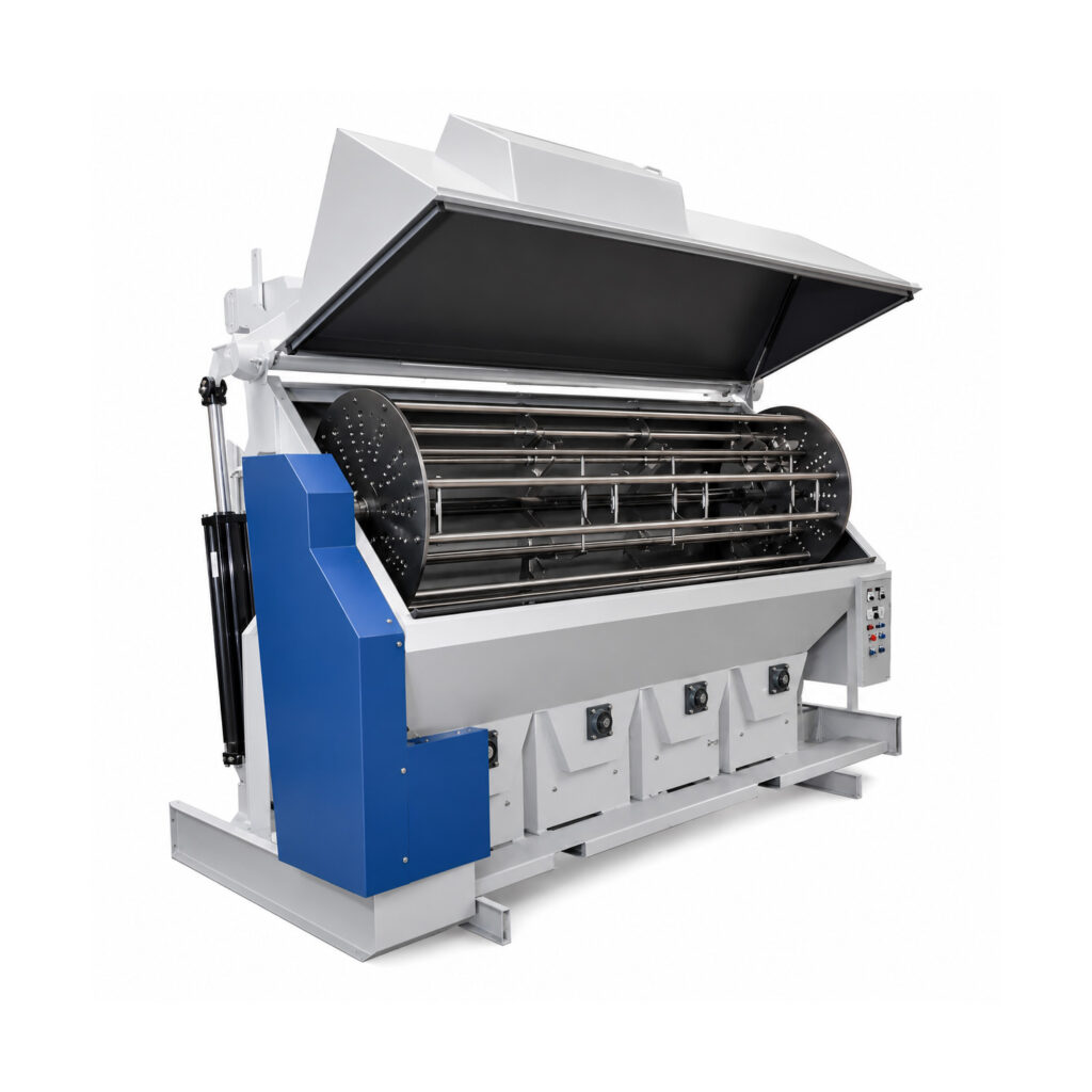 Angled view of a fixed basket blaster designed to clean and prepare parts secured in a rotating basket using high-velocity abrasive blasting.