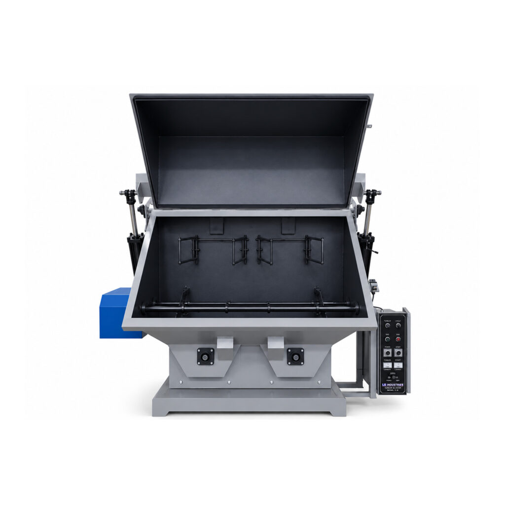 Angled view of a wheel rim blaster designed to clean and prepare steel wheels, rims, and similar circular components using automated abrasive blasting.