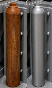 Side-by-side comparison of a cylinder before and after abrasive blasting, showing removal of rust, scale, and surface contaminants.