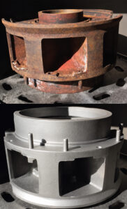 Side-by-side comparison of a part before and after processing through a table blaster, showing the removal of rust, scale, paint, and surface contaminants.