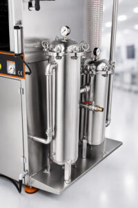 Canister filtration system for the LS Industries Diesel Particulate Filter Washer (DPFX), designed to capture soot, ash, and debris from the wash solution to maintain cleaning efficiency and extend solution life.