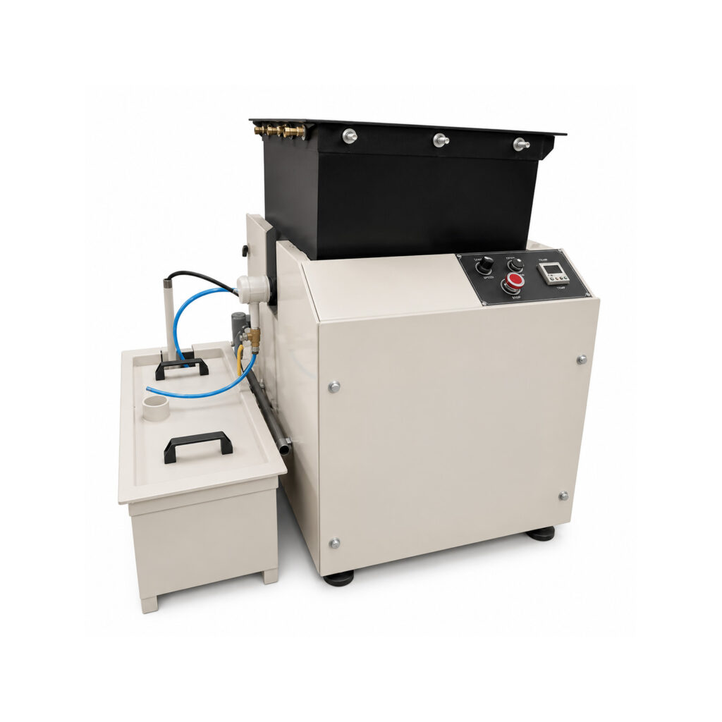 Angled view of a vibratory tub finishing system designed for deburring, polishing, cleaning, radiusing, and surface finishing of large, long, or delicate parts.