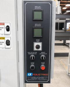 Control panel for a batch drum blaster featuring machine controls, system monitoring, and operating functions for automated drum blasting operations.