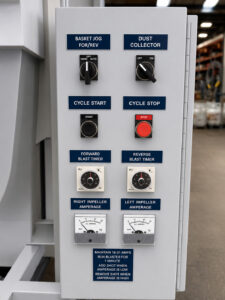 Control panel for a cylinder blaster used to operate and monitor abrasive blasting cycles, media flow, and system functions.