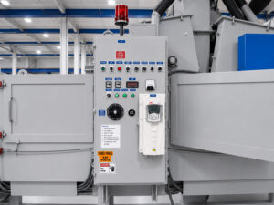 Control panel for a flow-through cylinder blaster used to monitor and control blasting operations, cylinder handling, and automated system functions.