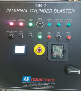 Control panel for an IDB-2 interior cylinder blaster used to operate and monitor internal cylinder blasting functions and system settings.