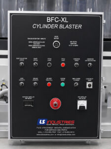 Control panel for a flow-through cylinder blaster used to operate, monitor, and automate cylinder blasting and material handling functions.