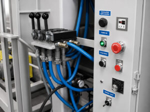 Control panel for a propane tank blaster used to operate and monitor blasting cycles, blast wheels, and cylinder processing functions.