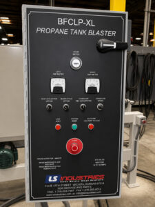 Control panel for a flow-through cylinder blaster featuring system controls, monitoring instruments, and automation functions for cylinder blasting operations.