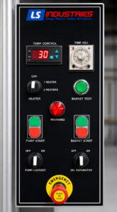 Stainless steel washer control panel featuring machine controls, cycle timers, temperature monitoring, system status indicators, and operator interface for managing cleaning operations.
