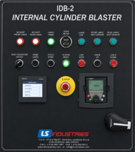 Control panel of an Interior Cylinder Blaster featuring machine controls, operating functions, and system monitoring for automated interior cylinder blasting operations.
