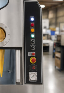 Industrial control panel of a pressure washer featuring machine controls, cycle timers, temperature monitoring, pressure settings, and system status indicators.