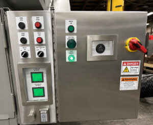 Control panel for a batch cylinder shot blaster used to operate and monitor abrasive blasting cycles and cylinder handling functions.