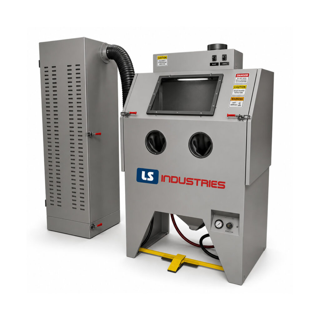 Angled view of a glass bead blasting cabinet designed for precision cleaning, surface finishing, and cosmetic restoration of parts using glass bead media.